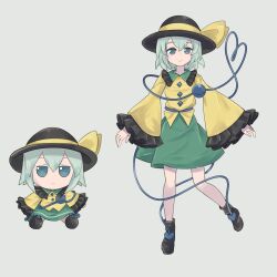  1girl black_hat bow buttons character_doll closed_mouth collared_shirt commentary_request diamond_button disembodied_linked_eye doll eyeball frilled_shirt_collar frilled_sleeves frills full_body fumo_(doll) green_eyes green_hair green_skirt grey_background hat hat_bow heart heart_of_string highres karua_m koishi_day komeiji_koishi long_sleeves looking_at_viewer shirt simple_background skirt smile solo touhou wide_sleeves yellow_bow yellow_shirt 