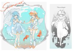  2girls absurdres black_shoes blue_hair bow bowtie curly_hair detached_wings fireworks fish goldfish gradient_hair hair_ribbon highres holding holding_fireworks holding_hands holding_umbrella jacket long_hair long_sleeves low_ponytail moguming multicolored_hair multiple_girls off-shoulder_jacket off_shoulder orange_hair orange_shoes original oversized_clothes partially_colored pokemon pokemon_gold/silver/crystal ponytail ribbon sailor_collar shoes short_sleeves skirt socks twins_(baby_girafarig) umbrella very_long_hair visor_cap white_ribbon wings yellow_bow yellow_bowtie yellow_shoes 