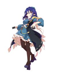  1girl ability_card_(touhou) armor baba_(baba_seimaijo) black_coat blue_dress blue_hair breasts brown_pantyhose card closed_mouth coat dress eyelashes frilled_dress frills full_body geta hair_between_eyes hat highres holding holding_card iizunamaru_megumu long_hair looking_at_viewer medium_breasts pantyhose pauldrons pointy_ears red_eyes ribbon-trimmed_sleeves ribbon_trim second-party_source shoes shoulder_armor simple_background single_pauldron sleeveless sleeveless_coat solo tengu-geta test_tube tokin_hat touhou transparent_background wide_sleeves 