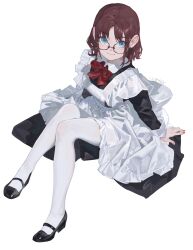  1girl absurdres apron arm_support black_dress black_shoes blue_eyes bow bowtie collared_dress commentary dress freckles full_body glasses hair_behind_ear highres knees_together_feet_apart looking_at_viewer looking_up maid maid_apron mary_janes medium_hair nail_polish original pantyhose parted_bangs red_bow red_bowtie red_hair red_nails semi-rimless_eyewear sentter shoes signature simple_background sitting smile solo under-rim_eyewear white_background white_pantyhose 