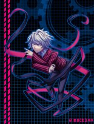  1boy anguished_one black_pants blue_background devil_survivor_(series) devil_survivor_2 frilled_shirt frills full_body grey_eyes grid_background highres medium_hair megami_tensei messy_hair noct2aa pants red_shirt shirt smile solo striped_clothes watermark white_hair 