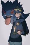  1boy arm_at_side black_sweater blonde_hair candle candlestand closed_mouth commentary_request fire flame gen_1_pokemon gengar headband holding long_sleeves male_focus morty_(pokemon) pants pokemon pokemon_(creature) pokemon_(game) pokemon_hgss scarf sekaiitinoki sweater 