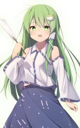  1girl absurdres bare_shoulders blue_skirt breasts collared_shirt commentary_request detached_sleeves frog_hair_ornament gohei green_background green_eyes green_hair hair_ornament hair_tubes highres kemomingg kochiya_sanae long_hair shirt sidelocks simple_background skirt snake_hair_ornament solo touhou white_background white_shirt wide_sleeves 
