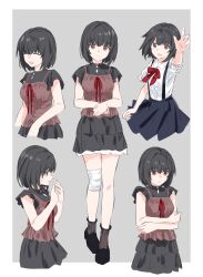  1girl :d ^_^ above-cleavage_cutout absurdres aged_down amakura_mayu arm_up arms_under_breasts bandaged_leg bandages black_hair black_shoes black_skirt bob_cut border bow bowtie breasts brown_camisole brown_eyes brown_socks camisole camisole_over_clothes center_frills closed_eyes closed_mouth clothing_cutout collared_shirt commentary cowboy_shot cropped_legs crossed_arms fatal_frame fatal_frame_ii:_crimson_butterfly frilled_shirt frilled_sleeves frills full_body grey_background hand_to_own_mouth hands_up heel_up highres isumi looking_ahead looking_at_viewer medium_breasts miniskirt multiple_views open_mouth outside_border own_hands_together profile reaching reaching_towards_viewer red_bow red_bowtie shirt shoes short_sleeves simple_background skirt smile socks standing suspender_skirt suspenders sweatdrop upper_body white_border white_shirt 