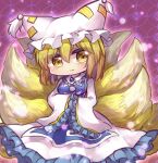  1girl animal_ears blonde_hair breasts dress eyebrows_visible_through_hair floral_background fox_ears frilled_dress frilled_hat frills hair_between_eyes hands_together hat jewelry kitsune light_particles long_sleeves looking_at_viewer medium_hair multiple_tails pillow_hat pink_background solo standing tabard tail touhou unime_seaflower white_dress white_headwear wide_sleeves yakumo_ran yellow_eyes yellow_tail 