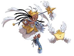  1girl aika_(kiana_mai) black_hair black_nails blonde_hair blueey-jayzilla boots closed_eyes dark-skinned_female dark_skin dress earrings half-closed_eyes halo highres hoop_earrings hoshi_(kiana_mai) i_don't_want_to_be_a_magical_girl jewelry knee_boots magical_girl multicolored_hair puffy_short_sleeves puffy_sleeves short_sleeves staff star-shaped_hair star_guardian:_guardian_of_the_stars star_hair_bun two-tone_hair white_background white_wings wings 
