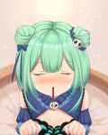  1girl absurdres bare_shoulders blush closed_eyes double_bun food green_hair hair_ornament highres hololive kanti15 mouth_hold pocky pocky_day solo uruha_rushia virtual_youtuber 
