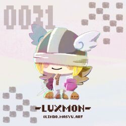  1boy angel blonde_hair blush bodysuit chibi commentary_request covered_eyes digimon digimon_(creature) gloves helmet lindo_masyu luxmon male_focus smile solo winged_helmet 