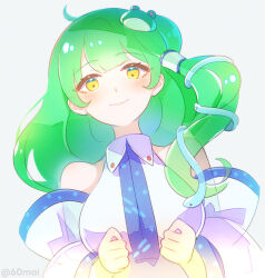  1girl 60mai bare_shoulders breasts closed_mouth collared_shirt commentary detached_sleeves frog_hair_ornament green_eyes green_hair hair_ornament hair_tubes kochiya_sanae long_hair long_sleeves looking_at_viewer medium_breasts shirt simple_background single_hair_tube sleeveless sleeveless_shirt smile snake_hair_ornament solo touhou upper_body white_background white_shirt 