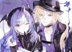  1boy 1girl ahoge black_choker black_gloves black_hat black_jacket blonde_hair blue_eyes choker collared_shirt commentary_request detached_sleeves eye_mask gloves hair_between_eyes hair_over_shoulder half_eye_mask hat heterochromia holding holding_umbrella hugo_vlad index_finger_raised jacket korean_commentary lb_wx2 light_smile looking_at_viewer mask mole mole_under_eye multicolored_hair official_alternate_costume pointy_ears purple_hair purple_shirt red_eyes shirt streaked_hair twitter_username umbrella upper_body vivian_banshee white_hair white_mask winged_hat zenless_zone_zero 