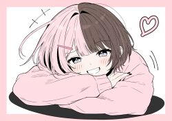  +++ 1girl arms_on_table blue_eyes blush border brown_hair cardigan commentary_request grin head_rest heart highres looking_at_viewer multicolored_hair nano_ozz outside_border pink_border pink_cardigan pink_hair simple_background smile solo split-color_hair tachibana_hinano tachibana_hinano_(school_uniform) two-tone_hair virtual_youtuber vspo! white_background 