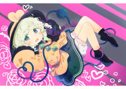  1girl black_hat black_socks bloomers blush bow buttons collared_shirt commentary_request diamond_button disembodied_linked_eye eyeball fangs floral_background frilled_shirt_collar frilled_sleeves frills green_eyes green_hair green_skirt hat hat_bow heart heart_of_string highres holding holding_phone koishi_day komeiji_koishi long_sleeves looking_at_viewer medium_hair open_mouth phone shirt skirt smile socks solo toroid_(621997) touhou white_bloomers wide_sleeves yellow_bow yellow_shirt 
