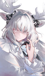  1girl absurdres animal_ears antlers arknights bansibuhuo_yu_pian chinese_commentary closed_mouth commentary_request deer_antlers deer_ears deer_girl hair_between_eyes hand_up highres horns long_hair long_sleeves looking_at_viewer sami_deer_girl_(arknights) simple_background solo upper_body white_background white_hair 