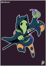  1boy artist_name border dated facing_viewer full_body holding holding_staff hood ian_dimas male_focus plague_doctor_mask plague_knight potion robe shovel_knight simple_background staff white_border wide_sleeves 
