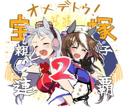  2girls animal_ears black_gloves blunt_ends bow bowtie brown_hair buttons commentary congratulations double-breasted dress ear_covers ear_ornament fukunedayo genderswap genderswap_(mtf) gloves gold_ship_(umamusume) grey_hair headgear highres horse_ears horse_girl long_hair meisho_tabaru_(racehorse) multicolored_hair multiple_girls original parent_and_child personification pillbox_hat pink_streaks purple_bow red_bow red_bowtie red_dress sketch streaked_hair trait_connection translation_request umamusume umamusume_horse_relations v white_gloves white_streaks 