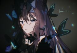  1girl arcaea bare_shoulders black_hair blood blood_on_face blue_bow blue_butterfly bow bug butterfly collar detached_collar double_bun dress equal02 frilled_collar frilled_dress frills grey_background hair_bow hair_bun hair_ornament highres long_hair looking_at_viewer off-shoulder_dress off_shoulder open_mouth portrait solo song_name tairitsu_(arcaea) tairitsu_(tempest)_(arcaea) 