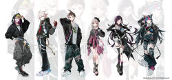  3boys 3girls ahoge alternate_costume arm_up asymmetrical_legwear bag bandaid belt beret black_bag black_hair black_hoodie black_jacket black_nails black_pants blue_hair brown_hair choker clothes_around_waist commentary_request ear_piercing fishnet_thighhighs fishnets full_body gloves green_pants grey_hair grey_shirt hair_horns hand_on_own_hip hand_up hat headphones headphones_around_neck highres hinata_hajime hood hood_up hooded_jacket hoodie jacket jacket_around_waist jewelry komaeda_nagito lineup long_hair long_sleeves looking_at_viewer medium_hair mioda_ibuki multicolored_hair multiple_boys multiple_girls mura_karuki nail_polish nanami_chiaki necklace off_shoulder open_clothes open_jacket pants piercing pink_eyes pink_hair pink_shirt print_shirt ring sample_watermark shirt shoes short_hair simple_background skirt smile sneakers standing thigh-highs thigh_strap thumb_ring torn_clothes torn_pants torn_thighhighs tsumiki_mikan watermark white_background white_hair 