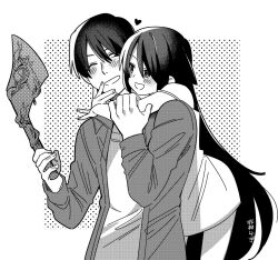  1boy 1girl arms_around_neck axe blush commentary_request dress greyscale hair_between_eyes heart hetero higaragi holding holding_axe holding_weapon hug hug_from_behind jacket long_hair long_sleeves monochrome one_eye_closed open_clothes open_jacket open_mouth sakisaka_fuminori saya_(saya_no_uta) saya_no_uta shirt signature simple_background sleeveless sleeveless_dress strap_slip very_long_hair weapon 
