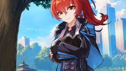  1girl absurdres black_cat black_jacket blue_sky building cat chinese_commentary commentary_request henjiwumei highres holding_hands honkai_(series) honkai_impact_3rd jacket long_hair looking_at_viewer murata_himeko murata_himeko_(arctic_kriegsmesser) orange_eyes outdoors ponytail red_hair sky skyscraper smile solo 