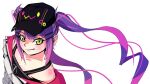  1girl absurdres baseball_cap ear_piercing fang fang_out floating_hair from_above green_eyes gud_luck hat highres hololive looking_up negative_space piercing purple_hair solo tokoyami_towa twintails virtual_youtuber 