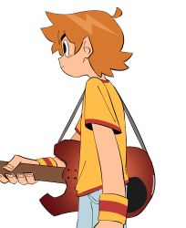 1boy absurdres ahoge armband bad_id bad_twitter_id bass_guitar black_eyes blue_pants denim from_side highres instrument jeans male_focus official_style orange_hair pants profile roukiiou scott_pilgrim scott_pilgrim_(series) scott_pilgrim_takes_off shirt short_hair short_sleeves simple_background solo white_background yellow_armband yellow_shirt 