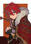  1boy alexander_(fate) braid cape character_name english_text fate/grand_order fate_(series) fingerless_gloves fur-trimmed_cape fur_trim gloves hair_between_eyes highres long_hair looking_at_viewer male_focus muni_(fdrk) red_cape red_eyes redhead single_braid smile solo 