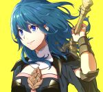  1girl armor asao_(vc) black_armor black_shirt blue_eyes blue_hair byleth_(fire_emblem) byleth_eisner_(female) closed_mouth commentary english_commentary eyebrows_visible_through_hair fire_emblem fire_emblem:_three_houses floating_hair hair_between_eyes holding holding_sword holding_weapon lips long_hair looking_away over_shoulder shirt short_sleeves simple_background smile solo sword sword_behind_back sword_of_the_creator sword_over_shoulder weapon weapon_over_shoulder yellow_background 