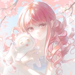  1girl absurdres animal animal_costume animal_ear_hood animal_ears bare_arms bare_shoulders blue_bow blue_sky bow branch brown_eyes cat cherry_blossoms chinese_commentary cloak closed_mouth clothed_animal collarbone commentary_request day dot_nose drill_hair eyelashes falling_petals flower frilled_hairband frilled_shirt frills fur-trimmed_cloak fur_trim hairband happy highres holding holding_animal holding_cat hood hood_bow hood_up hooded_cloak infinity_nikki lingchensandianban24730 lips lolita_hairband long_hair looking_at_viewer lop_rabbit_ears low_twintails momo_(nikki) nikki_(nikki) nikki_(series) official_alternate_costume open_mouth outdoors petals pink_eyes pink_flower pink_hair pink_lips rabbit_costume rabbit_ears shirt sky smile spring_(season) strapless strapless_shirt tree twintails under_tree upper_body very_long_hair white_cat white_cloak white_hairband white_shirt 