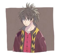  1boy black_hair blue_eyes coat commentary_request cropped_torso dekopoko facial_hair hair_between_eyes high_collar highres light_smile long_hair male_focus pink_shirt ponytail purple_shirt raven_(tales) ringed_eyes shirt smile solo stubble tales_of_(series) tales_of_vesperia 