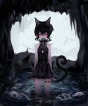  1girl animal_ears artist_name bangs bare_arms bare_shoulders black_dress black_hair cat_ears cat_tail cave commentary cowboy_shot dress highres mouth_hold original red_eyes sheya short_hair signature sleeveless sleeveless_dress solo standing symbol_commentary tail thighs wading 