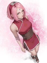  1girl aged_up bare_legs bare_shoulders bike_shorts breasts brown_sash commentary dress english_commentary facial_mark forehead_mark from_above full_body green_eyes hairband haruno_sakura highres looking_at_viewer looking_up medium_hair naruto_(series) open-toe_boots pink_hair red_dress red_hairband short_dress sleeveless sleeveless_dress small_breasts velvelsz 