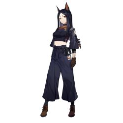  1girl animal_ears arknights black_choker black_hair black_pants black_shirt breasts brown_eyes brown_gloves choker crop_top dobermann_(arknights) dog_ears dog_girl full_body gloves llc long_hair long_sleeves looking_at_viewer medium_breasts midriff mole mole_under_eye official_art pants shirt sidelocks simple_background solo standing stomach tachi-e third-party_source transparent_background 