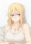  1girl bare_shoulders blonde_hair blush breasts closed_mouth flying_sweatdrops frown grey_camisole huge_breasts jewelry kinpatsu-chan_(rucchiifu) looking_to_the_side messy_hair necklace original rucchiifu solo upper_body violet_eyes 
