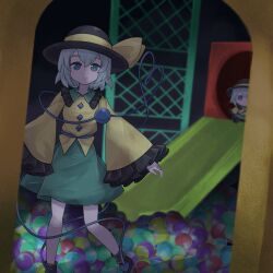  1girl black_hat blurry bow buttons character_doll closed_mouth collared_shirt commentary_request depth_of_field diamond_button disembodied_linked_eye doll english_commentary eyeball frilled_shirt_collar frilled_sleeves frills fumo_(doll) green_eyes green_hair green_skirt hat hat_bow heart heart_of_string highres karua_m koishi_day komeiji_koishi liminal_space long_sleeves mixed-language_commentary shirt skirt smile solo touhou wide_sleeves yellow_bow yellow_shirt 