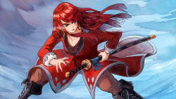  1girl black_boots blue_background boots brown_pants chained_echoes coat collarbone commentary earrings english_commentary feet_out_of_frame fighting_stance gradient_background hands_up highres holding holding_sword holding_weapon hoop_earrings jewelry katana leaning_forward lips long_hair looking_to_the_side mosqi official_art painting_(medium) pants red_coat red_hair red_lips scabbard sheath sidelocks sienna_(chained_echoes) solo standing sword traditional_media violet_eyes watercolor_(medium) watercolor_background weapon 