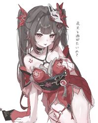  1girl bare_shoulders black_choker black_hair black_sash breasts choker dress fox_mask highres honkai:_star_rail honkai_(series) long_hair mask mask_on_head nayuta_(8888_mugen) red_dress red_nails sash simple_background solo sparkle_(honkai:_star_rail) tongue tongue_out twintails white_background 