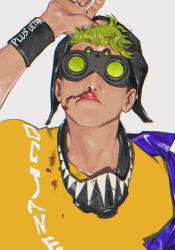  1boy apex_legends arm_up black_hat blood c2h4_(1849155751) character_name crew_neck goggles hat highres male_focus mask mask_around_neck nosebleed octane_(apex_legends) shirt simple_background solo upper_body white_background wristband yellow_shirt 