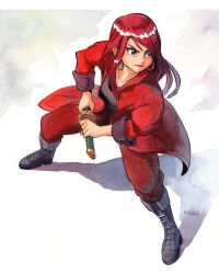  1girl artist_name black_boots boots breasts chained_echoes closed_mouth coat collarbone commentary earrings english_commentary full_body grey_shirt highres holding holding_sword holding_weapon hoop_earrings jewelry katana lips long_hair long_sleeves looking_to_the_side mosqi nose open_clothes open_coat painting_(medium) pants paper_background red_coat red_hair red_lips red_pants shadow shirt sienna_(chained_echoes) small_breasts solo standing sword traditional_media violet_eyes watercolor_(medium) watercolor_background weapon 