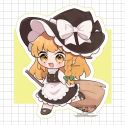  1girl :d apron black_hat black_shoes black_skirt black_vest blonde_hair blush bow braid broom chibi chibi_only commentary full_body grid_background hair_bow hat hat_bow highres holding holding_broom kirisame_marisa long_hair long_sleeves looking_at_viewer open_mouth outline shoes side_braid single_braid skirt smile socks solo touhou uzuki_(amayadori) vest waist_apron white_apron white_bow white_outline white_socks witch_hat yellow_eyes 
