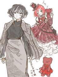  2girls alternate_costume bandaid bandaid_on_face blush danboru_22 expressionless grey_eyes highres jewelry lolita_fashion mature_female moses_(project_moon) multicolored_hair multiple_girls neckerchief necklace one_eye_closed pink_hair project_moon smile streaked_hair stuffed_toy sweater teeth the_distortion_detective translation_request turtleneck turtleneck_sweater white_streaks yuria_(project_moon) 