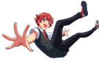  1boy :d black_pants black_sweater_vest blue_eyes collared_shirt commentary_request eyebrows_visible_through_hair happy hibiki_yuuta looking_at_viewer male_focus multicolored_footwear necktie open_mouth outstretched_arms pants reaching_out red_footwear red_neckwear redhead sayshownen school_uniform shirt short_hair simple_background smile solo ssss.gridman sweater_vest white_background white_shirt 