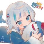  1girl bloop_(gawr_gura) blue_eyes character_name fish_tail gawr_gura highres holding holding_stuffed_toy hololive hololive_english open_mouth shark_tail sharp_teeth silver_hair solo stuffed_toy tail teeth two_side_up virtual_youtuber zudzuki 