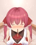  1girl absurdres blush breasts food highres hololive houshou_marine kanti15 long_hair looking_at_viewer mouth_hold pocky pocky_day redhead solo twintails virtual_youtuber 