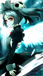  1girl artist_name black_dress bloody_marie_(skullgirls) closed_mouth commentary_request dress falling_feathers feathers from_side grey_hair hair_ornament highres looking_at_viewer maid maid_headdress mutsuki_(pixiv116518) red_eyes serious skull_hair_ornament skullgirls solo standing twintails twitter_username wings 