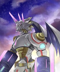  arm_blade arm_cannon armor belt blonde_hair clouds cloudy_sky dawn digimon digimon_(creature) dragon_wings from_side glowing_horns highres horns looking_to_the_side multiple_horns no_humans short_hair siriusmon sky solo star_(sky) weapon white_armor wings ya_yay yellow_eyes 