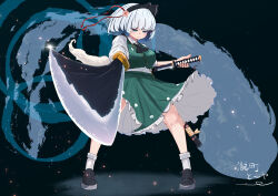  1girl absurdres artist_name ascot black_ascot black_hairband black_shoes blue_eyes breasts collared_shirt commentary_request dual_wielding flower full_body glint green_skirt green_vest grey_hair hair_flower hair_ornament hairband highres hitodama hitodama_print holding holding_sword holding_weapon konpaku_youmu konpaku_youmu_(ghost) looking_at_viewer medium_breasts sheath shirt shoes skirt skirt_set socks solo sword tooya0130 touhou unsheathed unsheathing vest weapon white_shirt white_socks 