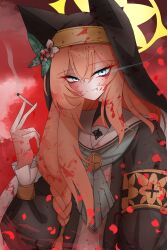  1girl absurdres airikannalover animal_ear_headwear animal_ears blood blood_on_clothes blood_on_face blue_eyes cigarette fang flower halo highres holding holding_cigarette long_hair looking_at_viewer mari_(blue_archive) nun orange_hair smile smoke smoking solo yellow_halo 