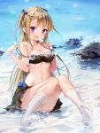  absurdres bangs bare_shoulders beach bikini black_bikini blonde_hair bow breasts character_request copyright_request food frills highres knees_together_feet_apart lanyingchengzhi long_hair looking_at_viewer medium_breasts popsicle swimsuit twintails violet_eyes water water_drop white_legwear 