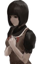  1girl amakura_mayu black_hair black_shirt bob_cut breasts brown_dress brown_eyes closed_mouth dress expressionless fatal_frame fatal_frame_ii:_crimson_butterfly gauss_<bokashi highres own_hands_together red_ribbon ribbon shirt short_hair sleeveless sleeveless_dress small_breasts solo upper_body white_background 