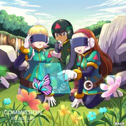  1boy 2girls bug butterfly character_request deniacp dress green_dress green_helmet head-mounted_display helmet highres kneeling mega_man_(series) mega_man_zero_(series) multiple_girls outdoors 